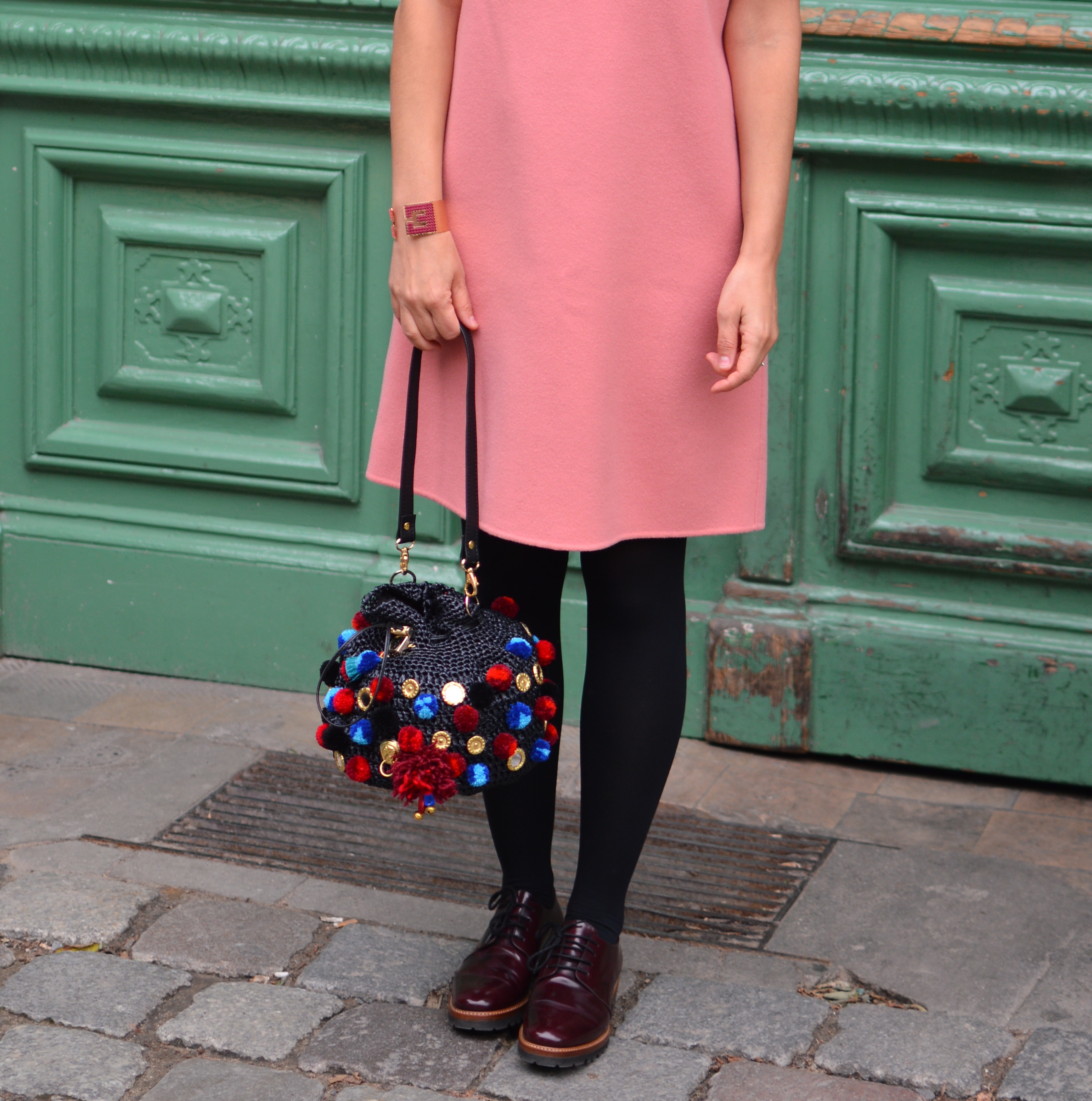 Max Mara pink wool dress pom pom raffia bag